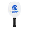 A white pickleball paddle featuring a blue logo and black grip. The paddle has a smooth surface and a rounded shape.