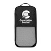 A black pickleball bag with a mesh pocket and a logo featuring a ball and paddle design.