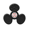 A tactile fidget spinner in black with various textured surfaces and a central logo.