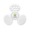A white tactile fidget spinner featuring various textured surfaces and a logo in the centre.