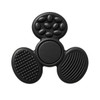 A black tactile fidget spinner featuring three textured surfaces for sensory feedback. It has a logo on one side.