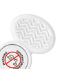 A tactile fidget spinner in white with a textured surface and a circular base featuring a warning label.