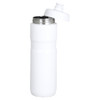 A drink bottle in white, featuring a screw-on cap and a metal opening, ideal for sports and outdoor activities.