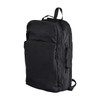 A black backpack with multiple compartments and a logo, featuring a sleek, minimalist design.