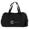 A black duffel bag with dual handles and a logo on the front, featuring side zip compartments.
