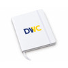 A white FSC notebook with a coloured logo on the cover and a ribbon bookmark.