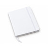 A white FSC notebook with a ribbon bookmark and an elastic band. Features branding on the cover.