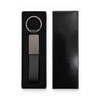 A black keytag with a sleek silver ring and rectangular pendant, displayed in a black box.