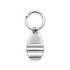 A silver keytag in the shape of a boat, attached to a circular metal keyring.