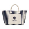 A striped tote bag in navy blue and cream featuring a logo on the front and sturdy handles.