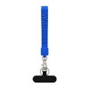 A blue wrist strap with textured sections, featuring a metal clip and a black attachment at the end.