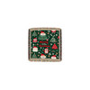 A green tapestry blanket featuring Christmas designs, including trees, snowmen, and festive decorations.