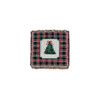 A Tapestry Blanket featuring a Christmas tree design, surrounded by a red and green plaid pattern with fringed edges.
