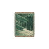 A tapestry blanket featuring green and earthy tones depicting rolling hills and tall trees. Fringed edges complete the design.