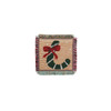 A Jacquard coaster featuring a festive green candy cane design with a red bow, fringed edges, and a beige background.