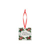 A square ceramic ornament in white with red and green holly decorations and a red hanging ribbon.