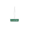 A custom shape acrylic ornament in green and clear, featuring a logo and a white ribbon for hanging.