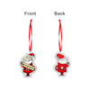 A custom-shaped acrylic ornament featuring Santa Claus in red and white with a red ribbon. It has a logo on one side.
