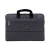 A dark grey laptop case featuring dual handles and a front zip pocket, with a logo on the front.
