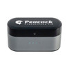 A wireless earbuds charging case in black and silver, featuring a logo and indicator lights on the front.