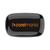 A sleek black charging case for wireless earbuds with an orange logo.