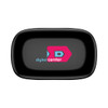 A black charging case for earbuds with a colourful logo and a smooth surface.