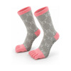 Custom sport toe socks in grey with pink ribbed cuffs and toe sections, featuring a patterned design and a logo.