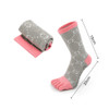Crew Custom Sport Toe Socks in grey with pink accents, featuring a rolled-up pair and dimensions included.
