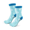 A pair of turquoise toe socks featuring white fish patterns and grip dots on the soles. They have a blue cuff.