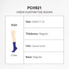 Crew custom toe socks in purple for adults size 7-12, featuring a regular thickness and casual style. Contains branding.
