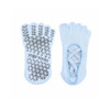 A pair of light blue yoga toe socks featuring a textured grip pattern on the sole and cut-out design on top.