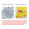 Yoga toe socks in yellow with custom gripper dots and colourful fruit screen prints. Includes branding logo.