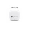 A white case for earbuds featuring a logo, designed for pad printing. The case is smooth and compact.