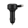 A black retractable car charger with a USB-C connector and a two-prong attachment for vehicle use.