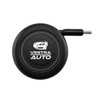 A black retractable car charger with a circular design and a connector. It features a logo on the surface.