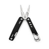 A multi-tool with pliers, stainless steel blades, and a black handle. It features a carabiner clip and a logo.