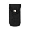 A black fabric pouch with a snap closure, designed to hold a multi-tool. It features a textured surface and rounded edges.