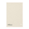A beige cotton tea towel featuring a logo at the bottom. The fabric has a textured appearance.