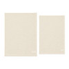 Two cotton tea towels in a light beige colour, one larger and one smaller, both featuring a brand logo.