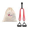 A red resistance band set with black handles, accompanied by a cream drawstring bag featuring a logo.