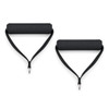 A pair of black resistance training handles with padded grips and adjustable straps for fitness use.