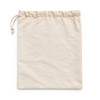 A cream-coloured drawstring pouch made of fabric, featuring a simple design without any text or branding.