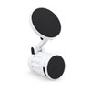 A white phone holder with two round black magnetic pads, featuring an adjustable arm for flexibility.