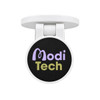 A round phone holder in white with a dark circular base featuring a logo in purple and green.