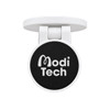 A white phone holder with a round black base featuring a logo. The design is sleek and compact.