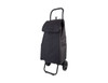 A black shopping trolley with a folding top, sturdy wheels, and side pockets. It features a branded logo.