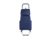 A navy blue shopping trolley with a foldable design, featuring a top flap and side pockets. Includes a handle and wheels.