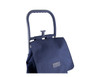 A navy blue shopping trolley with a foldable cover and a handle, featuring a logo on the front.
