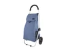 A blue aluminium shopping trolley with a large main compartment and two wheels, featuring a logo on the side.