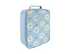 A light blue insulated lunch bag with a floral design, featuring smiling daisies and small hearts, with a handle on top.